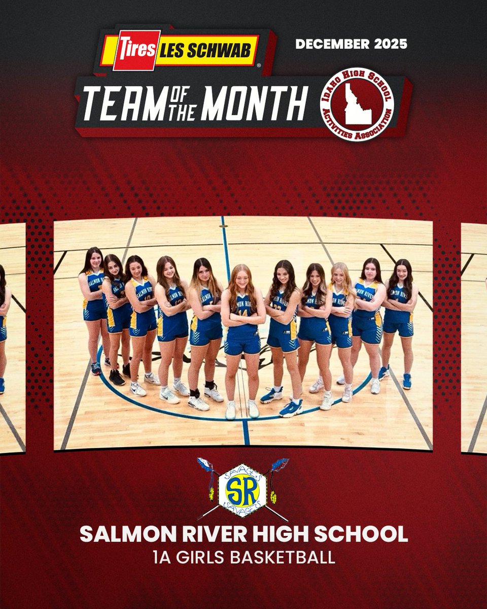 IDHSAA's tweet photo. 🎉Congratulations to the December 2025 winners of Les Schwab Tire Centers Team of the Month award!
These teams have had success in competition, are achieving in the classroom, and are serving their communities! Congratulations to each and every one of you! 🏆 https://t.co/zXtGJaf7XY