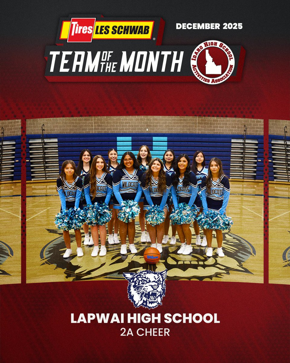 IDHSAA's tweet photo. 🎉Congratulations to the December 2025 winners of Les Schwab Tire Centers Team of the Month award!
These teams have had success in competition, are achieving in the classroom, and are serving their communities! Congratulations to each and every one of you! 🏆 https://t.co/zXtGJaf7XY