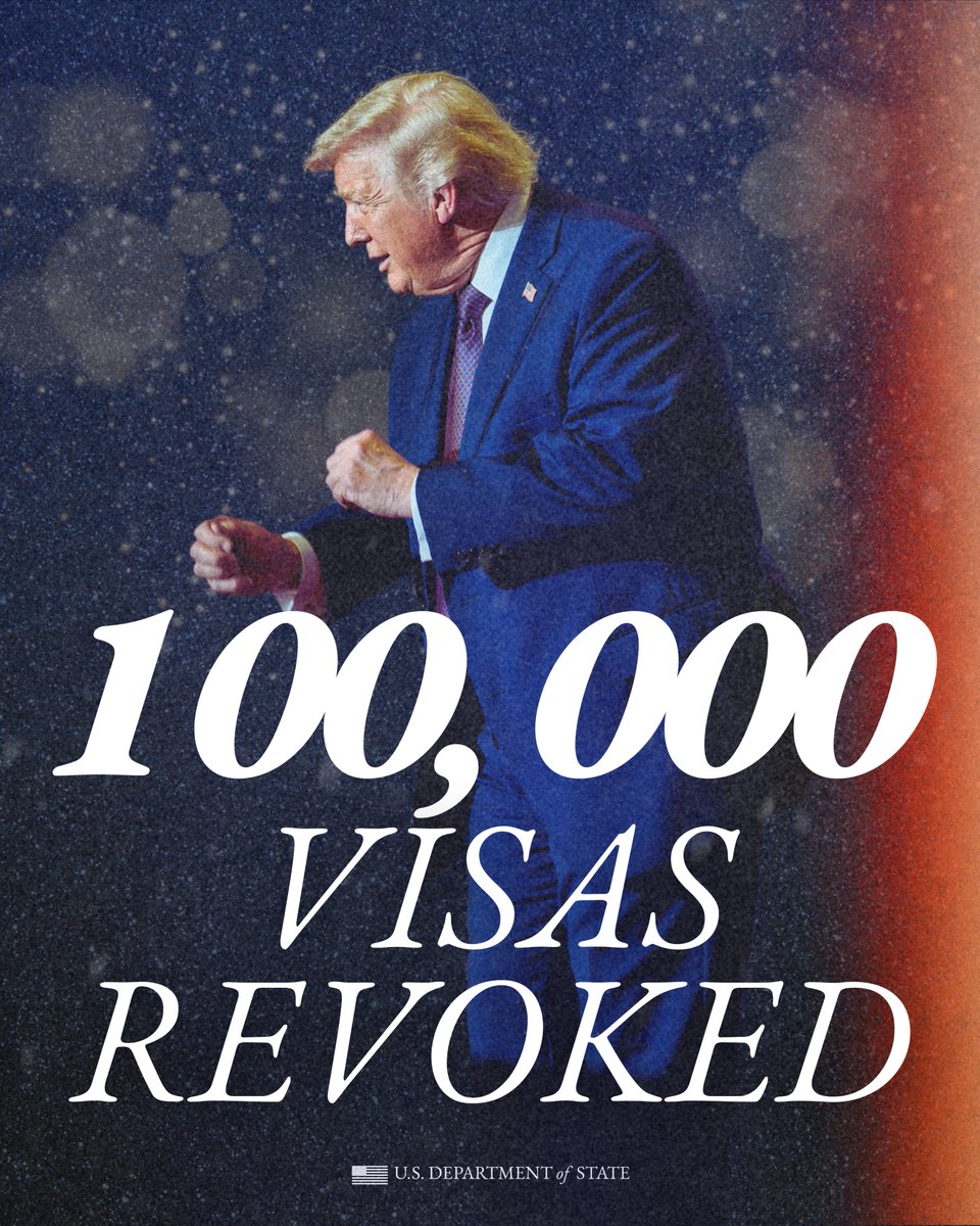 StateDept's tweet image. 🚨BREAKING: The State Department has now revoked over 100,000 visas, including some 8,000 student visas and 2,500 specialized visas for individuals who had encounters with U.S. law enforcement for criminal activity.

We will continue to deport these thugs to keep America safe.