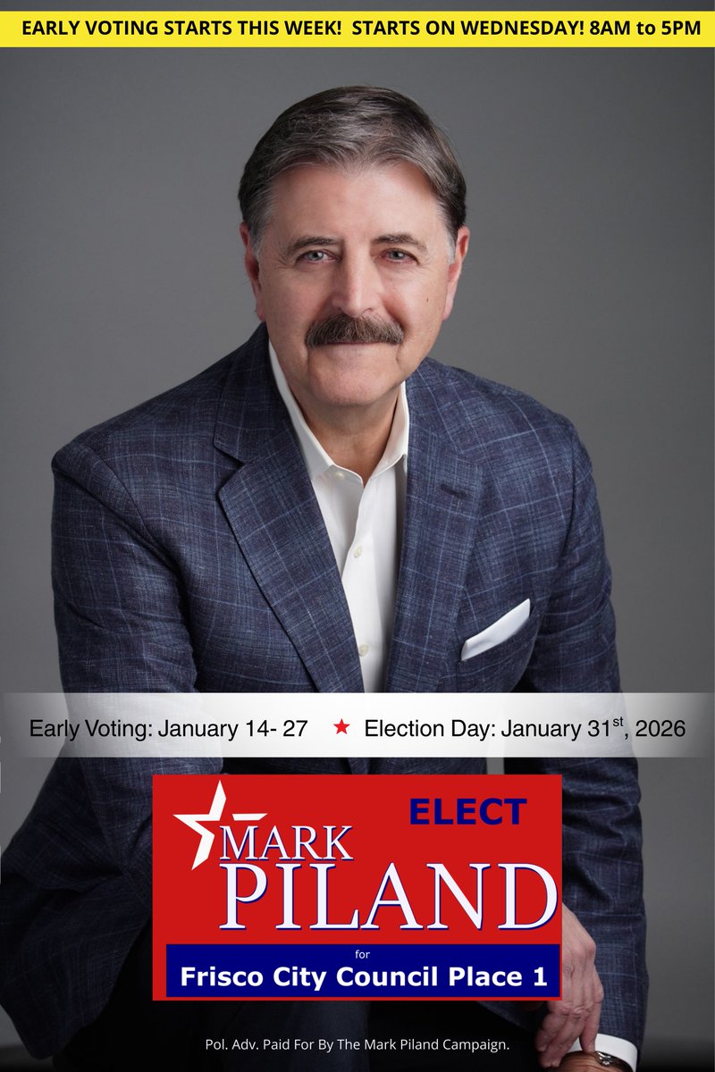 MarkForFrisco's tweet photo. My name is Mark Piland and I am running for Frisco City Council, place 1 in this special election. Election Day is Jan 31, '26. Early Voting is Jan 14-27 (Vote later this wk!) For more info about the Piland campaign, please visit https://t.co/hSRXeHponQ https://t.co/zUej4Z0LgG