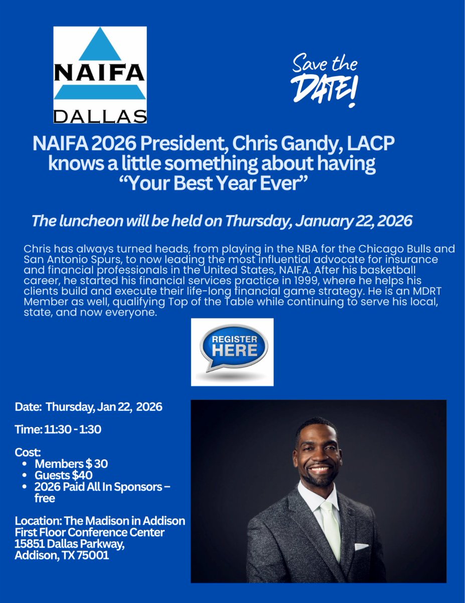 🏀➡️📈 From the Court to the Boardroom

NAIFA-Dallas presents - NAIFA 2026 President Chris Gandy, LACP knows a thing or two about having “Your Best Year Ever.”

January 22, 2026
 11:30 AM – 1:30 PM CT
The Madison in Addison

lp.constantcontactpages.com/ev/reg/gzdtb29