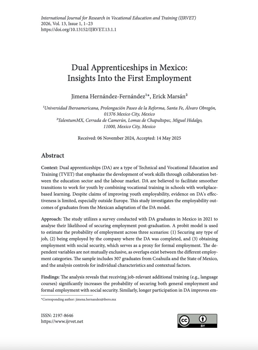 📢 <a href="/ErickMarsan/">Erick Marsán</a> and I have a new article out!
 Dual Apprenticeships in Mexico: Insights Into the First Employment is now available in the International Journal for Research in Vocational Education and Training.
🔗 journals.suub.uni-bremen.de/index.php/ijrv…
#DualEducation #Youth #Employability
