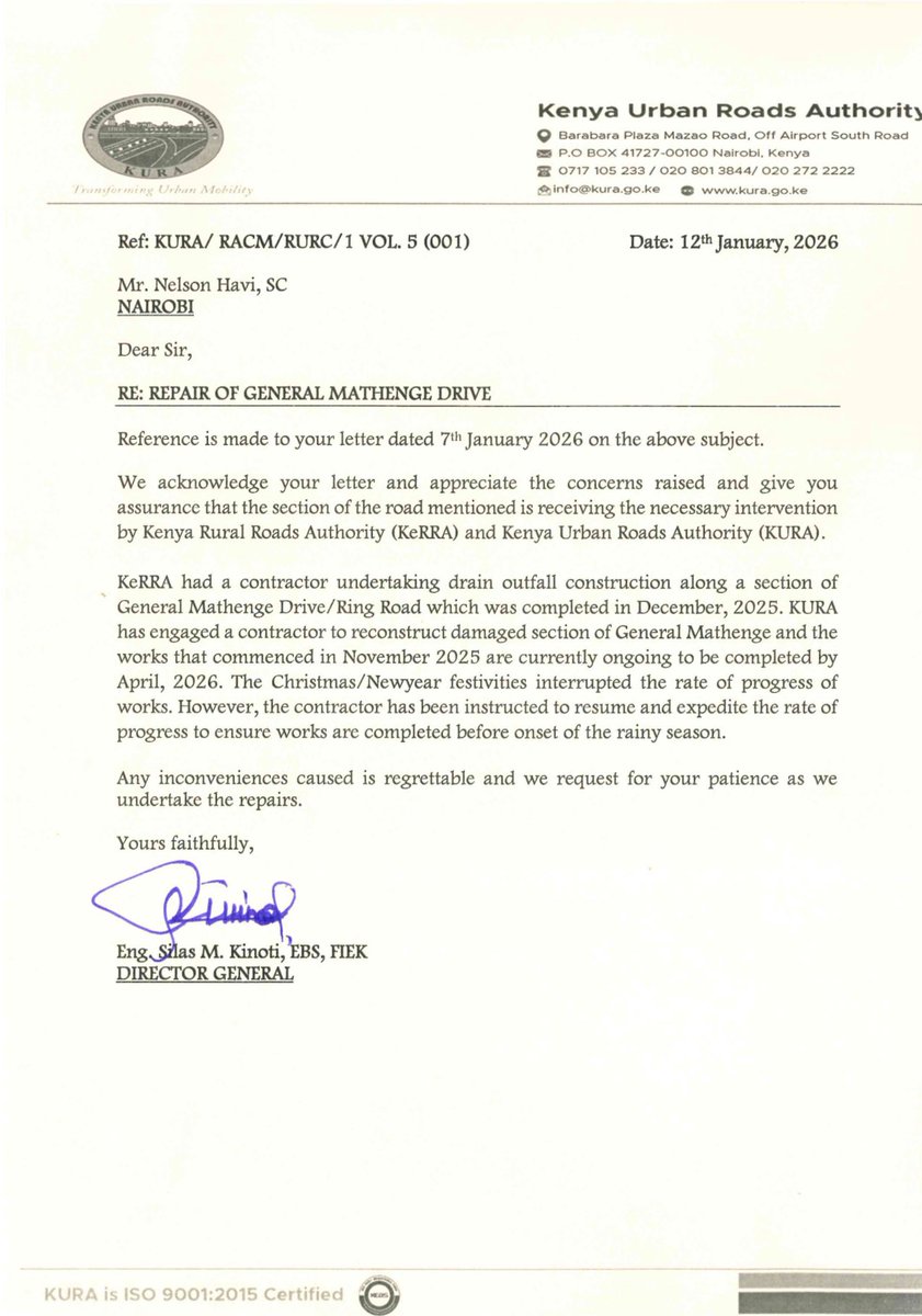 NelsonHavi's tweet photo. The Director General of @KURAroads, @MuriraKinoti has confirmed that the repair of General Mathenge Drive will be completed by April, 2026. Thank you so much. I will continue engaging the Government and its agencies in a collaborative approach to resolve the problem of infrastructure in Westlands Constituency.