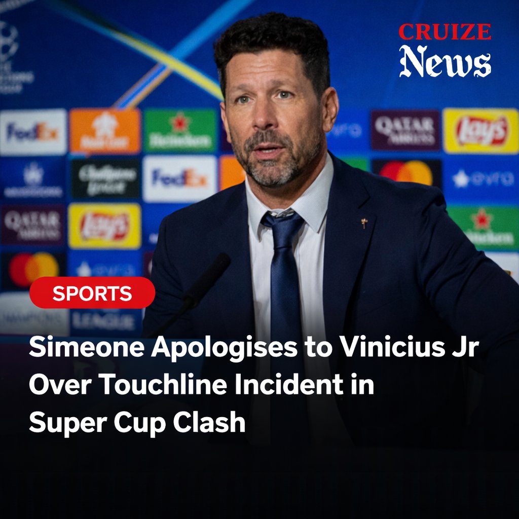 CruizeNews's tweet photo. Atletico Madrid head coach Diego Simeone has apologized to Real Madrid winger Vinicius Junior over the incident that occurred during their Spanish Super Cup semi-final match last week.
Read More https://t.co/HiX5stMP1d
#SuperCupFinal #ViniJr #Trending https://t.co/BgofsavewA