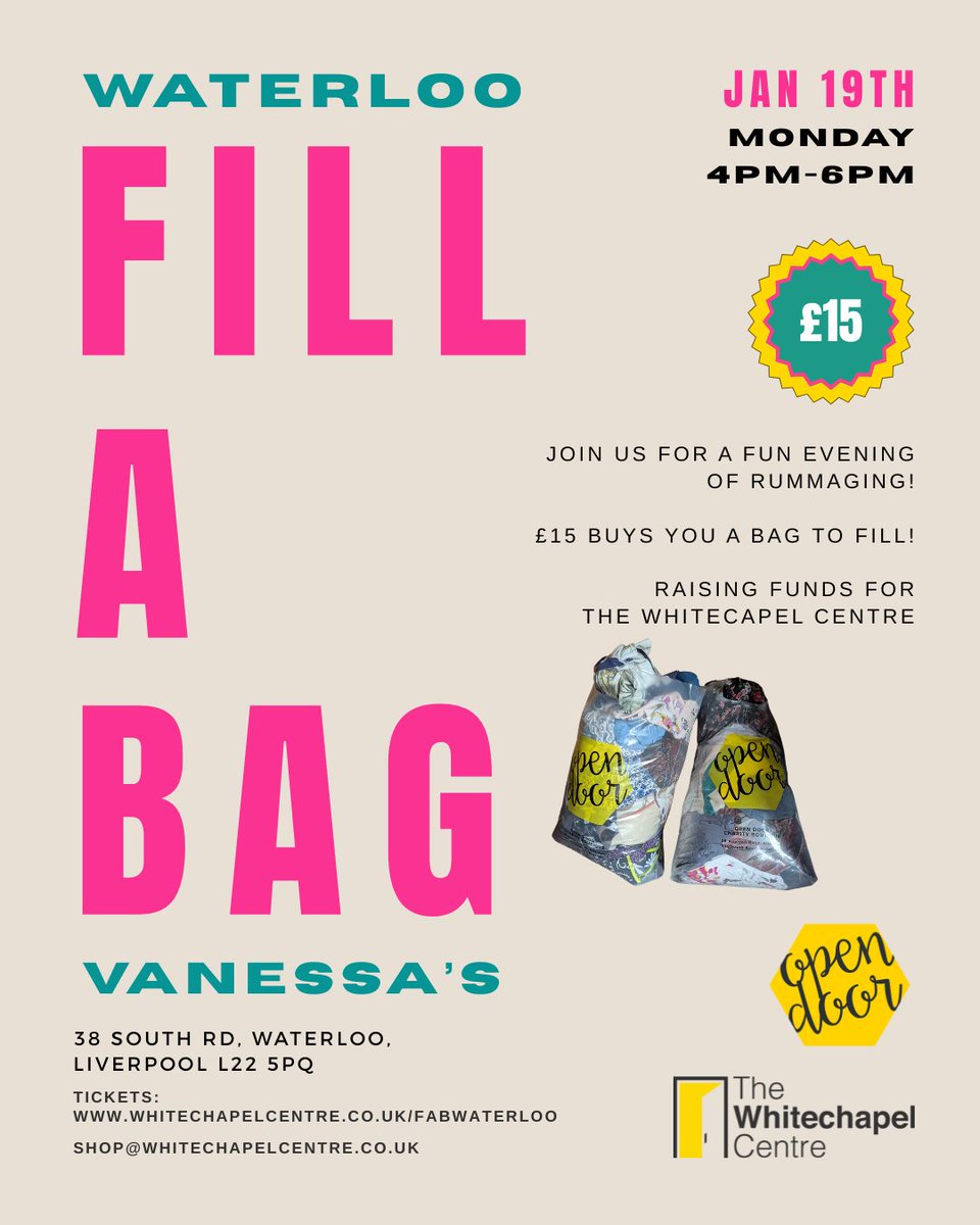 WhitechapelLiv's tweet photo. This time next week it will be our first Fill a Bag of 2026 - at a lovely new venue Vanessa's Bar in Waterloo. For just £15 refresh your wardrobe, pick up some bargains &amp; end homelessness for people in our city.
 
https://t.co/X55bm6vN0w
#charityshopfinds #FillaBag #Waterloo https://t.co/kpe0yJyArp