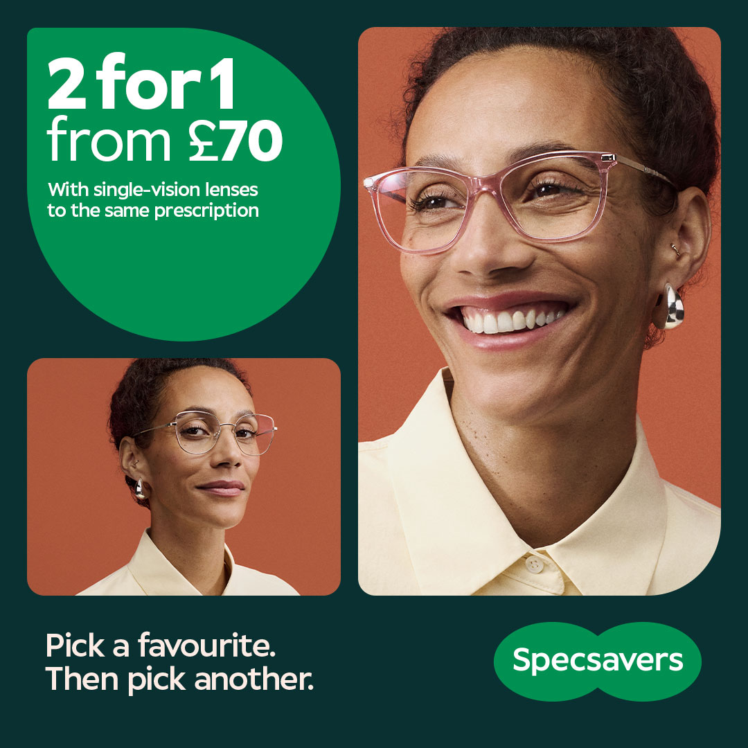 At Specsavers at Oak Mall Shopping Centre you can choose two styles with their 2 for 1 offer from £70, including single-vision lenses to the same prescription – ask the team for details. The lenses included are standard single-vision lenses. Conditions apply.
