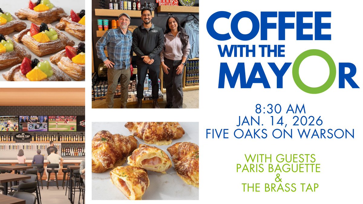 The next Coffee with the Mayor will take place on Wednesday, January 14, 2026, at 8:30 a.m., with owners of The Brass Tap - Olivette and Paris Baguette, who will be opening in 2026 at Olive Crossing.

See you at Five Oaks on Warson!