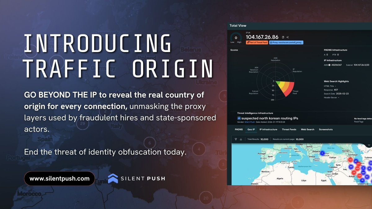 silentpush's tweet photo. GeoIP is failing. Adversaries are hiding behind "clean" IPs. We've introduced Traffic Origin so you can unmask the true upstream controller. Demo it with your team today: https://t.co/faqF531LIf
#trafficorigin #IP #infosec #cybersecurity #DPRK #remoteworkers https://t.co/o7mFUKAvAe