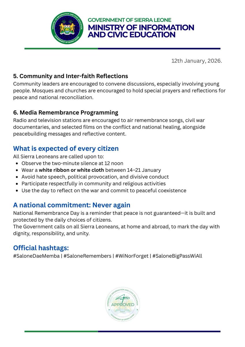 MoiceComm's tweet photo. PUBLIC NOTICE
SIERRA LEONE TO MARK FIRST NATIONAL REMEMBRANCE DAY ON 18TH JANUARY 2026
#SaloneBigPassWiAll
#SaloneDaeMemba
#WiNorForget https://t.co/ba1EHKY7Lj