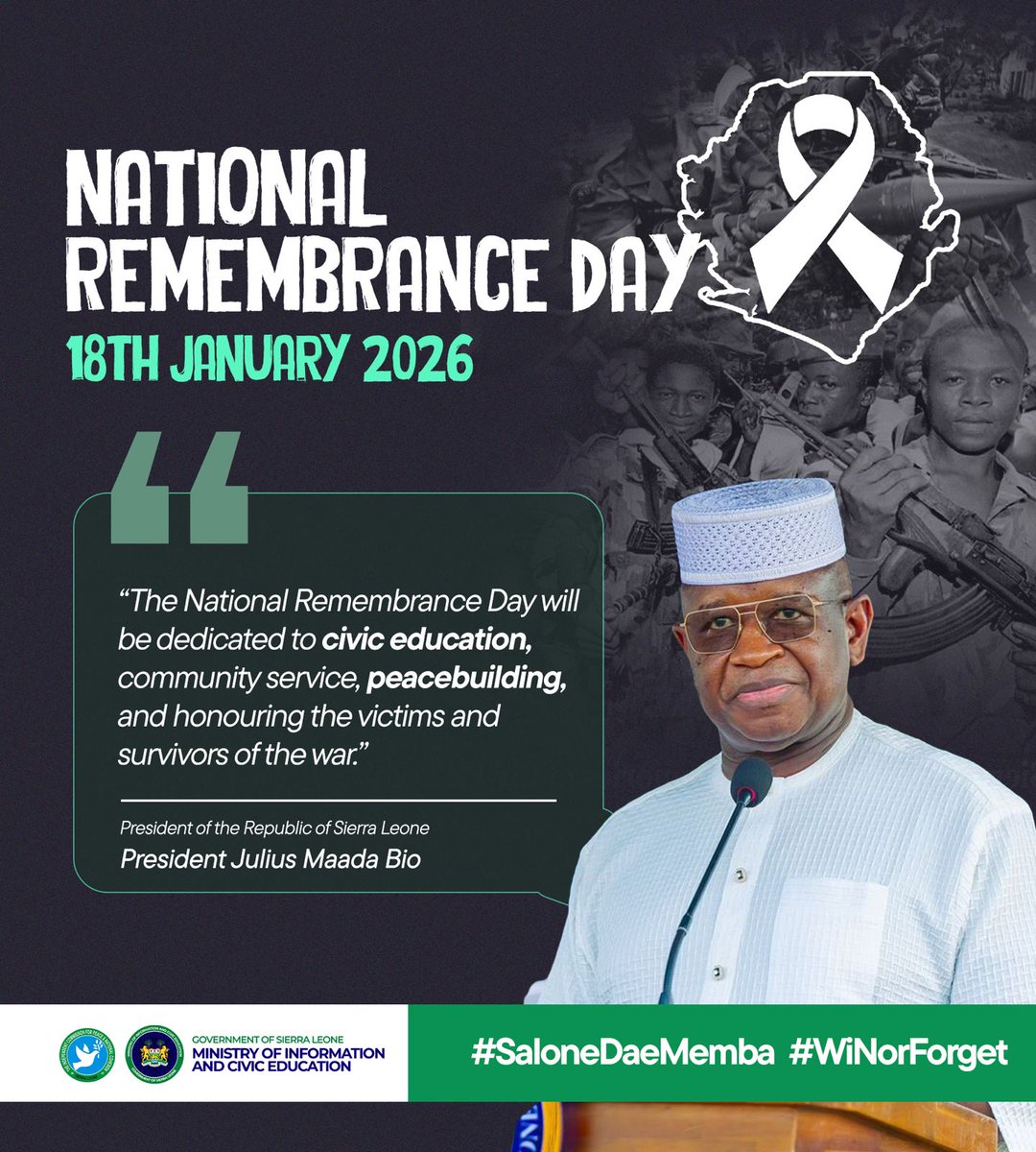 MoiceComm's tweet photo. PUBLIC NOTICE
SIERRA LEONE TO MARK FIRST NATIONAL REMEMBRANCE DAY ON 18TH JANUARY 2026
#SaloneBigPassWiAll
#SaloneDaeMemba
#WiNorForget https://t.co/ba1EHKY7Lj