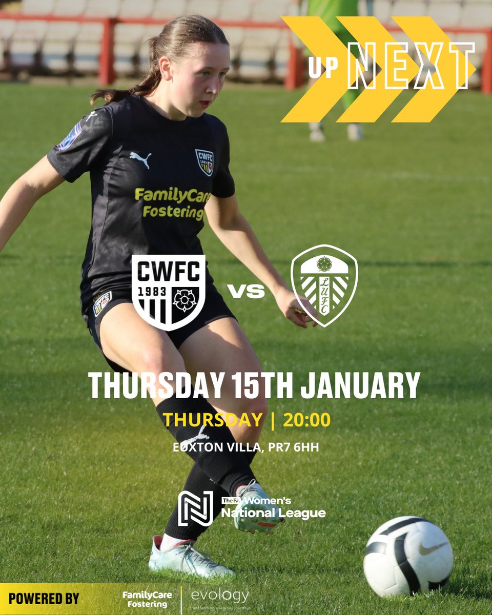 MIDWEEK ACTION! This Thursday we return home to Euxton for a league match against high flying Leeds  - we last met the Yorkshire team in the first game of the season which ended in a 1-1 draw! 

🕑 KO: 20:00 on Thursday 15th January 
📍 Jim Fowler’s Memorial Ground (Euxton Villa