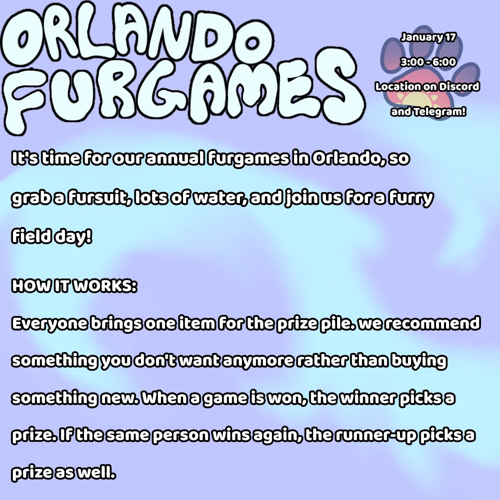 MEET US IN ORLANDO THIS WEEKEND FOR GAMES AND PRIZES! 

#Floridafurs #Furmeet #Flfurmeet #Floridafurmeet #Orlandofurs #Orlandofurry #Furry #Floridafur #Sunfurs