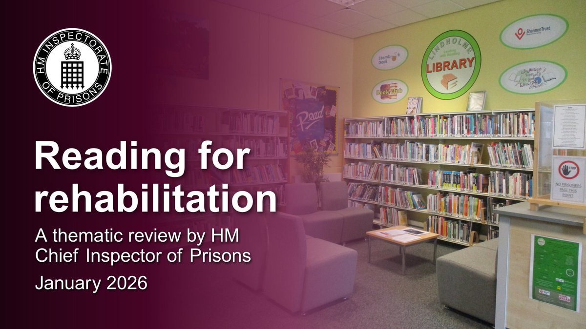 HMIPrisonsnews's tweet image. Today we have published 'Reading for rehabilitation', which shows how a vibrant prison reading culture can transform prisoners’ experience and support their rehabilitation.

Read the report: hmiprisons.justiceinspectorates.gov.uk/hmipris_report…

And press release: hmiprisons.justiceinspectorates.gov.uk/news/strong-fo…