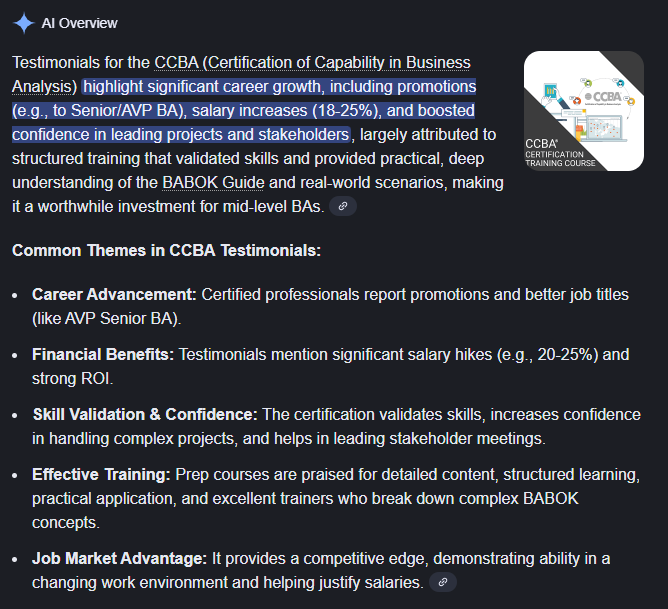 IIBA's tweet photo. Curious what Googleโs AI (Gemini) says about the Certification of Capability in Business Analysis (CCBA)? Hereโs its takeโฆ
For more info: https://t.co/OFCWV4zfXs
#CCBA https://t.co/mCaYPltK4y