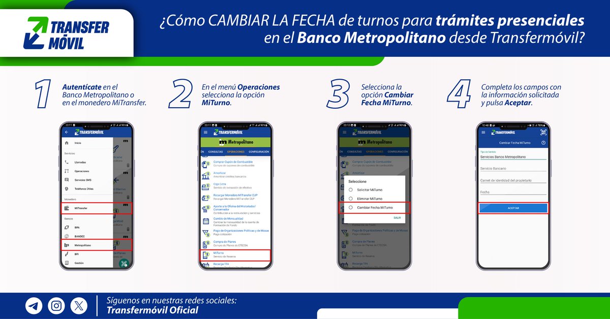 📌 Si solicitaste un turno para trámites presenciales en BANMET ⬇️

Puedes cambiar la fecha y definir una a partir de la cual estarás disponible mientras no se te haya asignado una, es decir, puedes cambiarla si aún no has recibido el SMS para presentarte en la sucursal. 💬