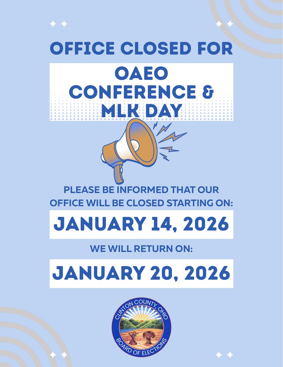 ClintonCOBoe's tweet photo. Please note, the Clinton County Board of Elections office will be closed starting on Wednesday, January 14th and will reopen on Tuesday, January 20th at 8:30 a.m. 
If you need assistance, please call our office at (937) 382-3537 and leave a voicemail. https://t.co/4XLKeG9JUu