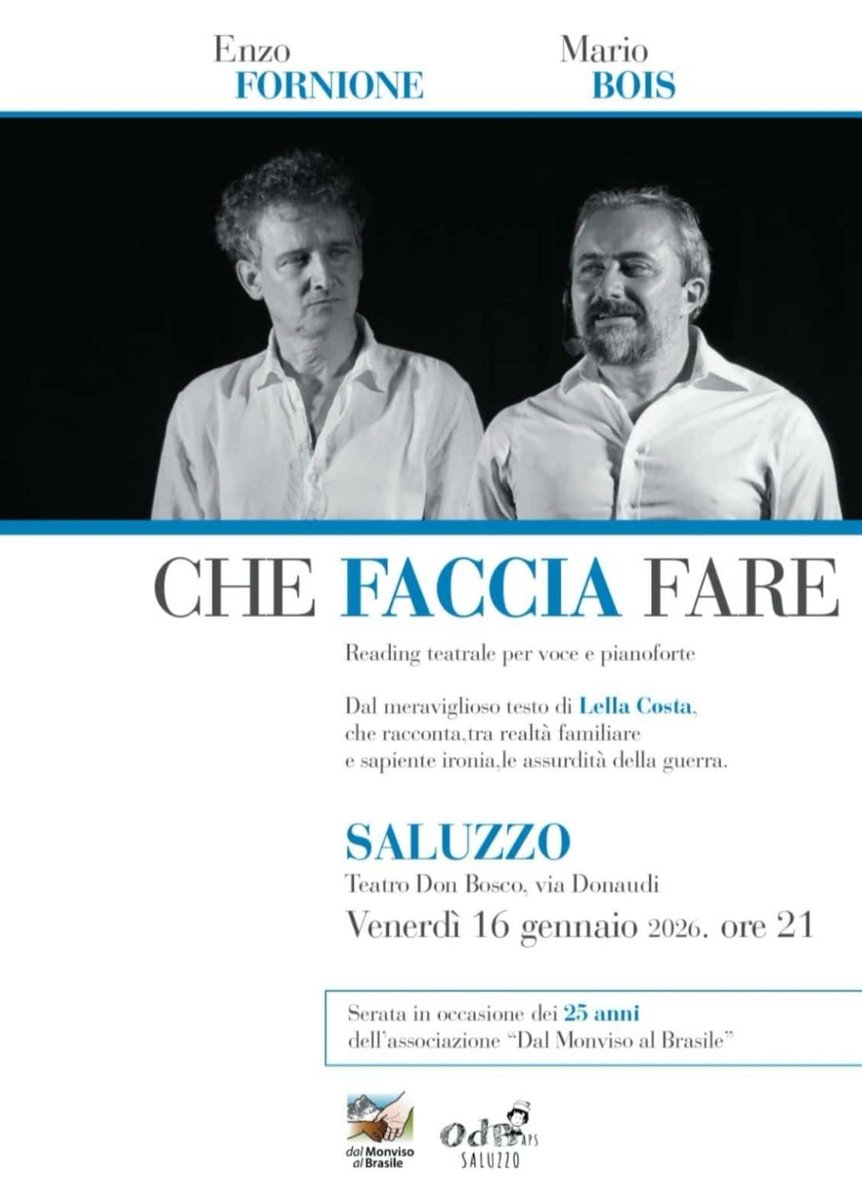 Tempo di spettacoli teatrali!
#DalMonvisoalBrasile organizza per venerdì prossimo lo spettacolo CHE FACCIA FARE.
Appuntamento per le ore 21 presso il Teatro Don Bosco di Via Donaudi a #Saluzzo (CN).
#Eventi by xlestrade.org/eventi/