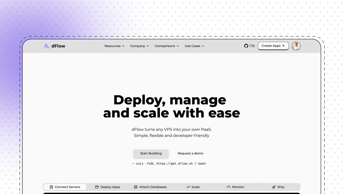 dflow_sh's tweet photo. 🚀 Introducing dFlow - a self-hosted PaaS.
Turn any VPS into a Heroku-like platform using SSH, Dokku & Docker.
No Kubernetes. No cloud lock-in. Full control, real ownership & simple scaling.
Built for devs.
#developer #devops #SoftwareLaunch https://t.co/USQAeXj02P