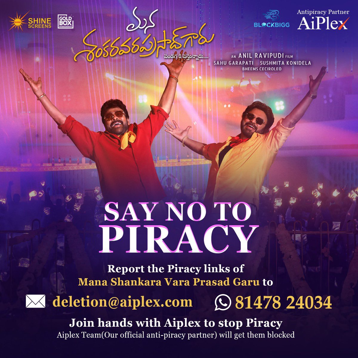 santoshamsuresh's tweet photo. Enjoy cinema the right way.,.
SAY NO TO PIRACY🚫
Report piracy links of #ManaShankaraVaraPrasadGaru and help block them.
Your one step can save cinema! Please Report all piracy links here : deletion@aiplex.com
#SayNotoPiracy #BlockBiGG #AiPlex https://t.co/pVjm3mZYpm