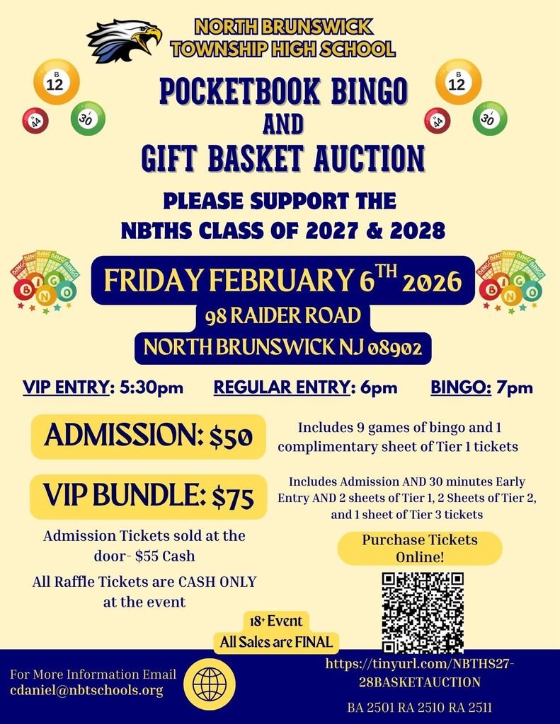 nbtschools's tweet photo. We are excited to announce ticket sales for the upcoming NBTHS Class of 2027 &amp; 2028 Pocketbook Bingo and Basket Auction, a fun and highly anticipated school event on February 6th 2026 in the NBTHS Commons. Use the QR code or link to purchase your tickets! #truenorthbrunswick https://t.co/qL5XLmaycT