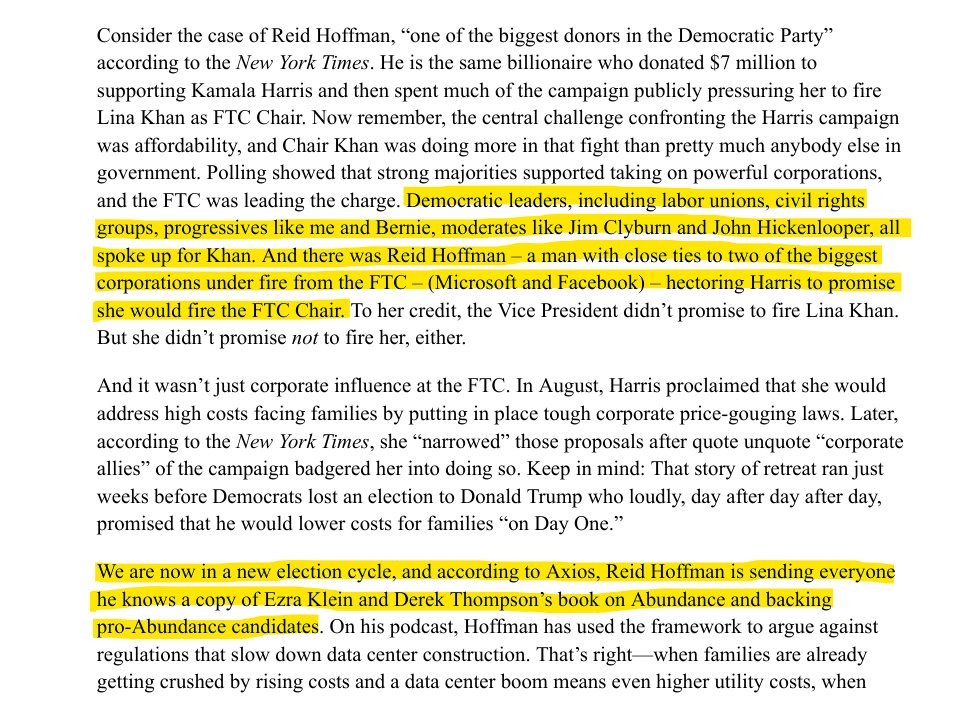 DouglasLFarrar's tweet image. Warren on Abundance: 

"When this agenda is about making government more effective, count me in...

Instead, Abundance has become a rallying cry for wealthy donors and other corporate Dems who are putting big-time muscle behind making Dems more favorable to big biz."

Then this: