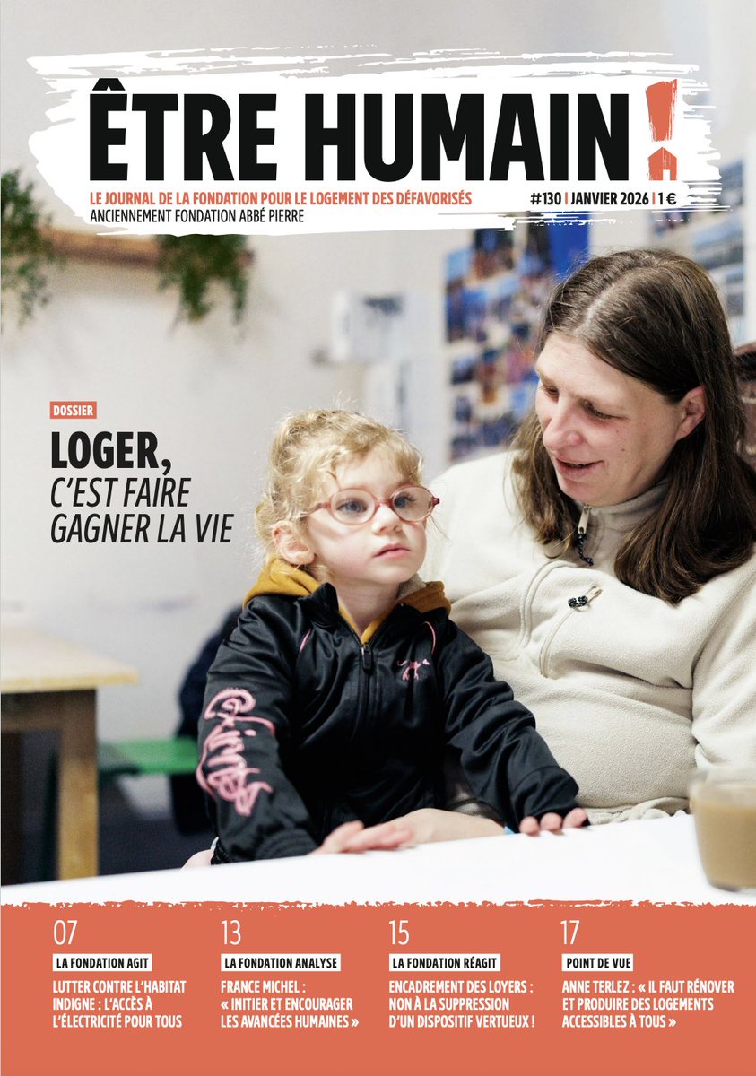 Fond_Logement's tweet photo. 🗞Le nouveau numéro d'"Être Humain ! », le journal de la Fondation pour le Logement des Défavorisés (anciennement Fondation Abbé Pierre) est disponible !
 
Au sommaire : 
 
➡  "Loger, c'est faire gagner la vie" : le logement est un besoin vital et un droit fondamental. 
➡ Lutter contre l'habitat indigne via l’accès à l’électricité.
➡ Non à la suppression de l’encadrement des loyers.
 
À lire ici : https://t.co/YWinJ2xnVB