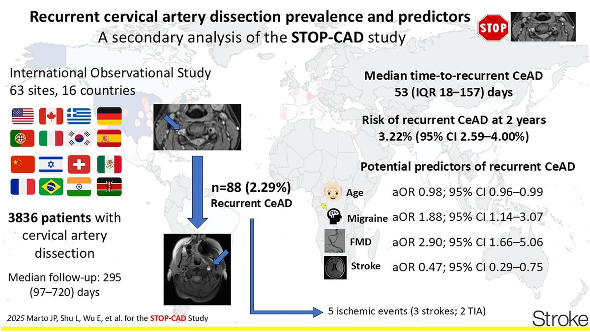 StrokeAHA_ASA's tweet image. In a secondary analysis of the STOP-CAD study, younger age, migraine, absence of ischemic #stroke at presentation, and signs of fibromuscular dysplasia were associated with an increased risk of subsequent arterial dissection. ahajournals.org/doi/full/10.11…