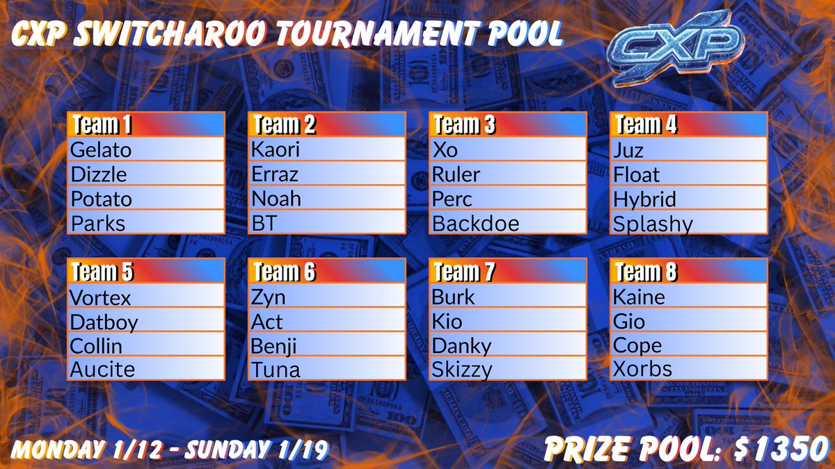 cxpleague's tweet photo. THE BIGGEST SWITCH IN CXP HISTORY COMMENCES TONIGHT!! 

AS THESE 8 TEAMS PLAY FOR $1350 https://t.co/hEyMS2CNmc