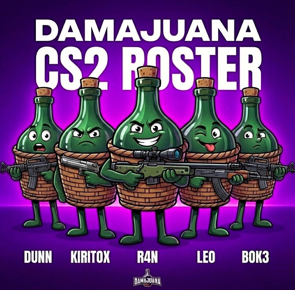 Vuelve a las canchas la maldita Damajuana vamos a estar jugando la <a href="/ESEA/">ESEA League</a> y la serie b en <a href="/GamersClub/">Gamers Club</a> 

<a href="/_leocs2/">leo</a> <a href="/nico_abente/">Kiritox</a> <a href="/bokecs/">bokecs</a> <a href="/DunnV_/">Dunzera</a>