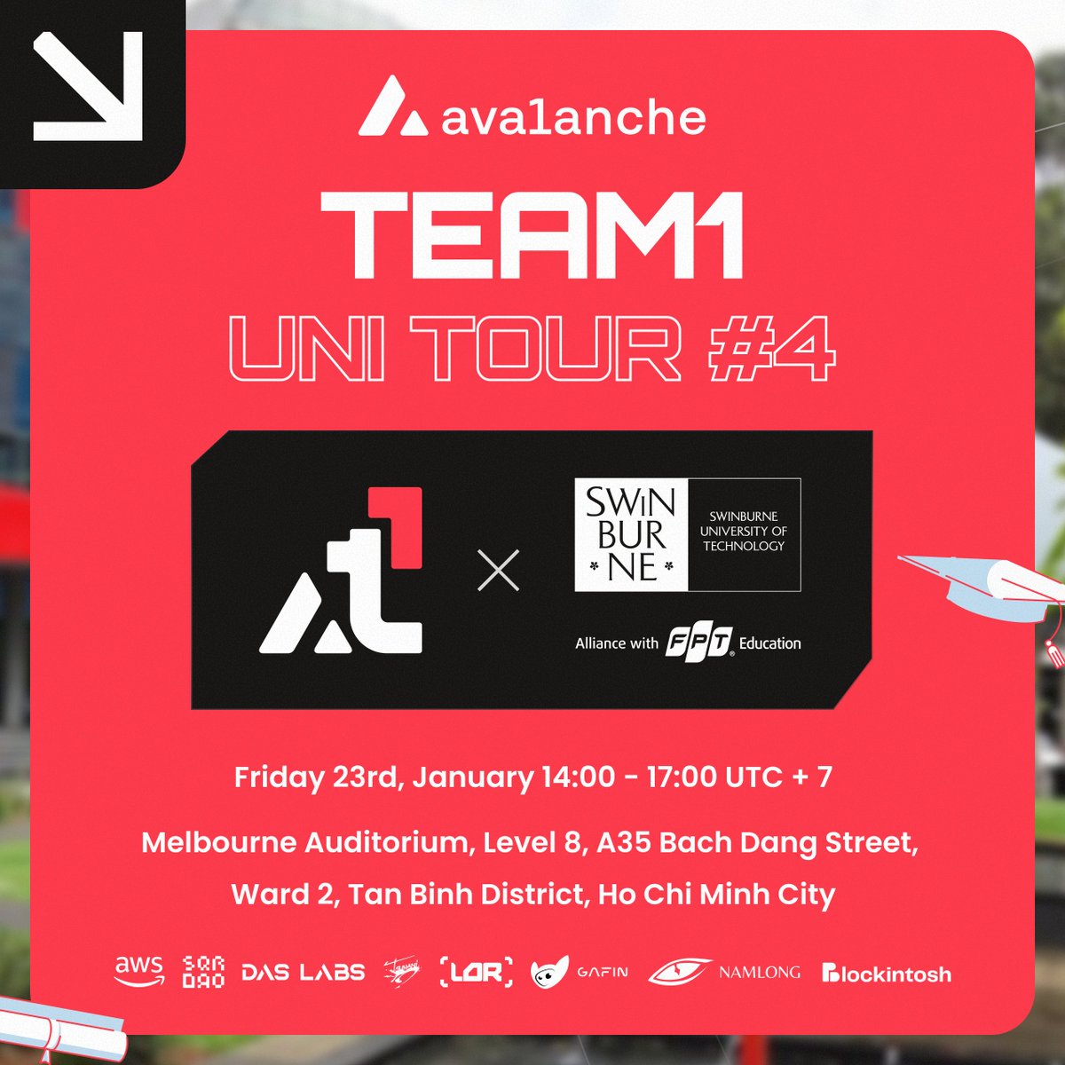 AvaxTeam1's tweet photo. Team1 Uni Tour #4 – Vietnam 🇻🇳

Team1 is excited to visit Swinburne Vietnam to connect with students and introduce more builders to Avalanche.

Community Partners: @awscloud | @lorrxyz | @sqrDAO | @Gafin_io | @DASLABS_ @NamLong_DAO | 

See you soon! Registration below 👇 https://t.co/pt4qdUxAua