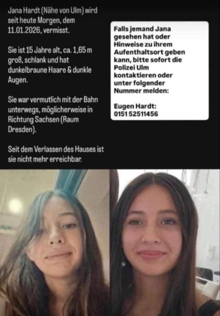 EdvonSchlep's tweet image. Ich teile das mal. Kommt aus dem Freundeskreis. Auch wenn ich keine Reichweite habe.
Ist echt.
Vermisstensuche Region Ulm: Wo ist Jana? Keine Spur von 15-jähriger Schülerin | swp.de share.google/dLx8ExQIGTSYaV…