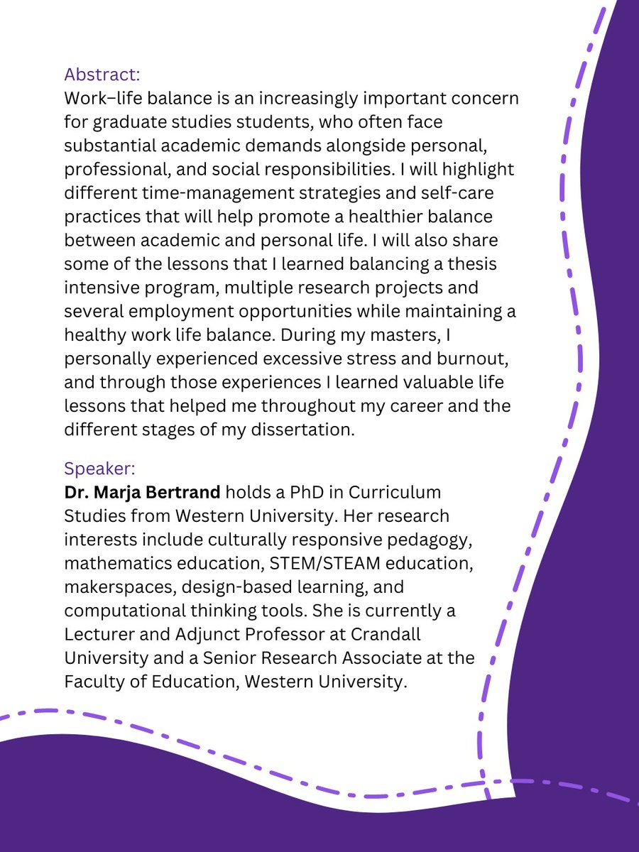 westernegsa's tweet photo. Navigating Grad Life (1) Work-Study-Life Balance 💬
Join us for the first session of our Navigating Grad Life series, featuring Dr. Marja Bertrand.
Register now: https://t.co/P5Vpja1nv7 https://t.co/XbfCiIHTKJ