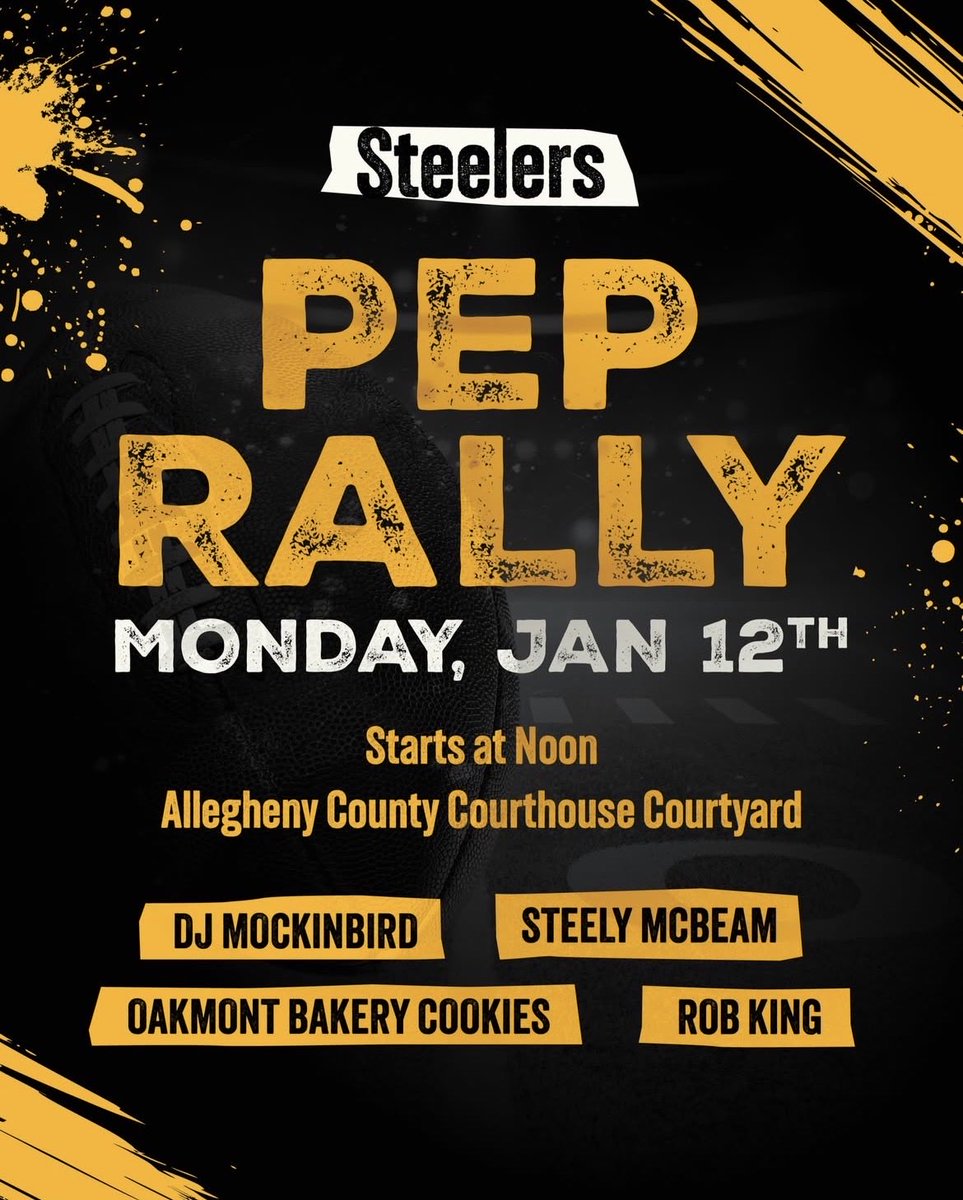 Steelers Nation, Here We Go! 💛🖤 

Join <a href="/ACE_Innamorato/">Allegheny Co. Exec.</a>, <a href="/CoreyOConnorPA/">Corey O'Connor</a> &amp; <a href="/steelers/">Pittsburgh Steelers</a> legend Brett Keisel TODAY for a game day Pep Rally 🏈 Monday, 1/12 at NOON in the County Courthouse Courtyard. Wear your black &amp; gold!