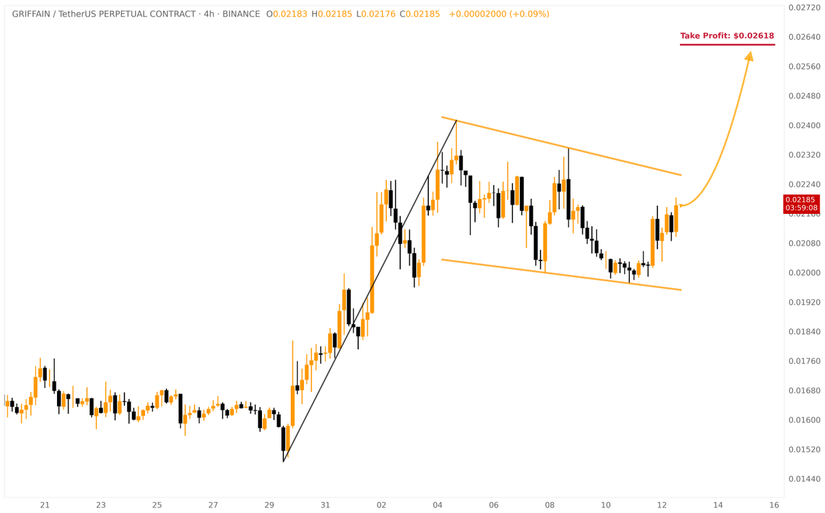 ❕Bullish Flag was formed on #GRIFFAIN #GRIFFAIN is forming a bullish flag  pattern in a bearish market context, indicating potential upward momentum.  Enter at $0.0218, set a stop-loss at $0.0195, and target