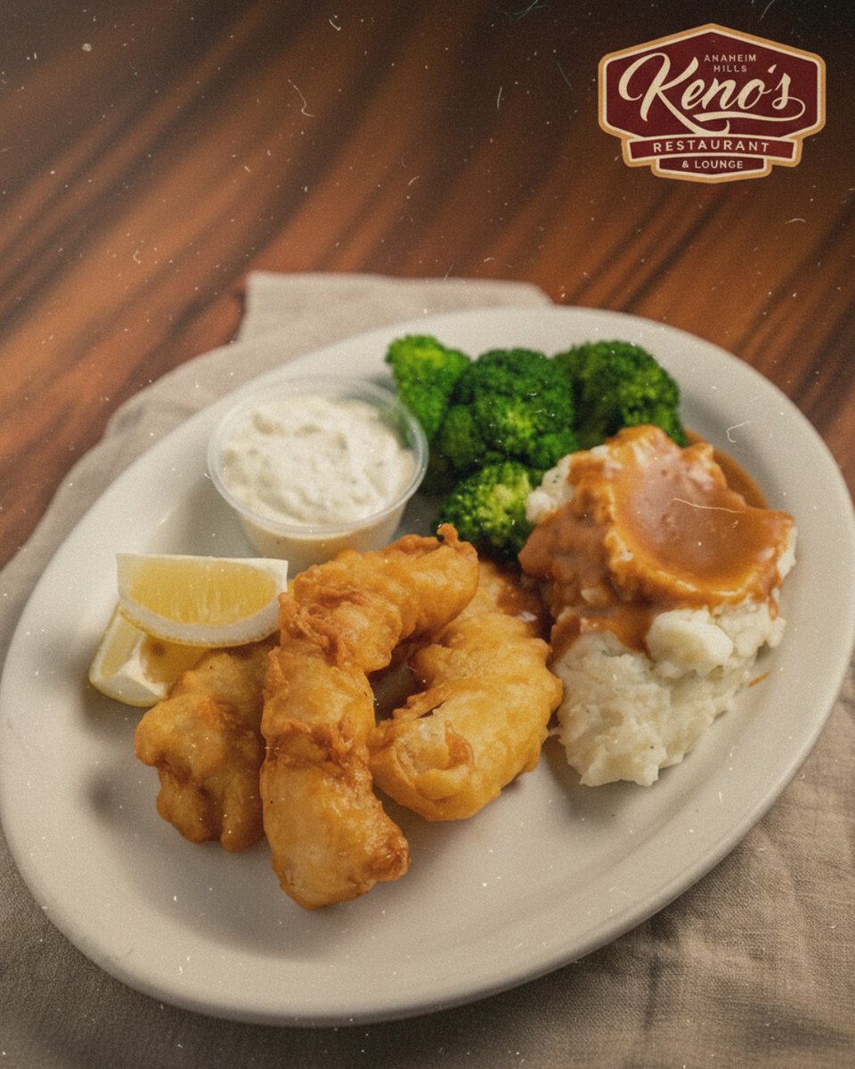 KenosAnaheim's tweet photo. Crunch into our Beer Battered Fish &amp; Chips. We serve two pieces of hand battered and fried cod fish that are crispy on the outside and tender on the inside. It is a classic favorite done right. Head over to our website to view our menu. https://t.co/sX0l1cTiqI https://t.co/zKZrNoxgRQ