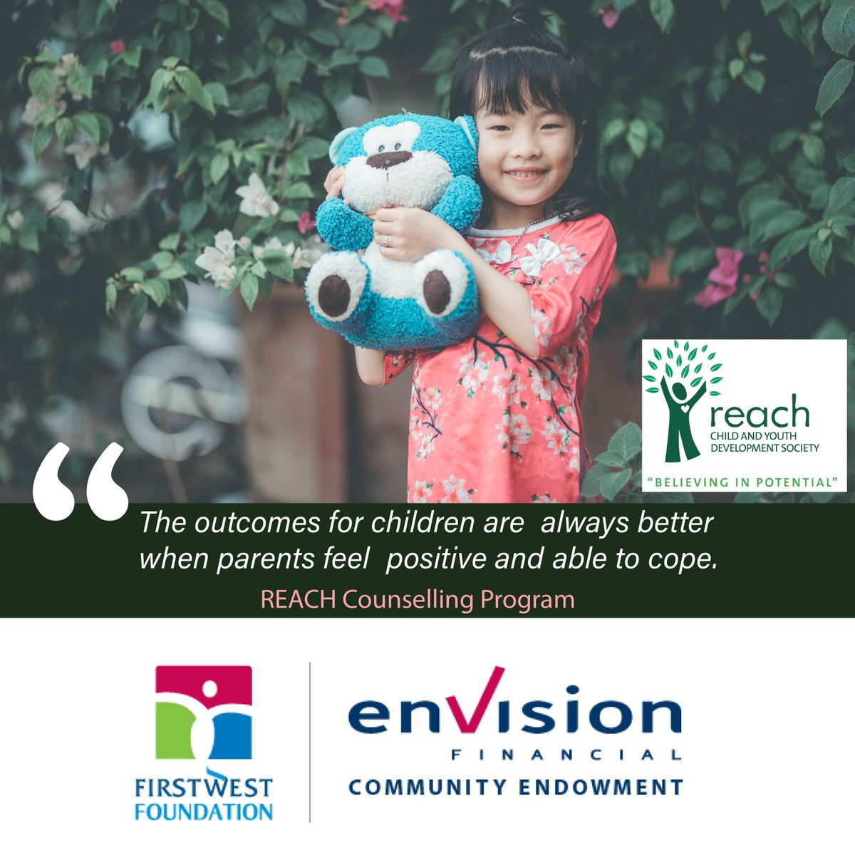 First West Foundation is proud to provide grants through Envision Financial Community Endowment and REACH Counselling Program is the beneficiary of a $25,000 Impact Grant. Thank you for supporting local children and families #FirstWestFoundation!