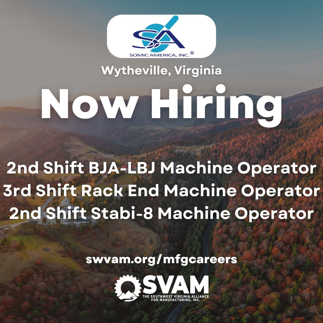 SWVAMfg's tweet image. 🔧 Somic America in Wytheville, VA is hiring! Explore job opportunities now: ow.ly/yuBU50QwLy0
 #WythevilleVA #JobOpportunity

(Note: This post was created by SVAM and isn't an official post from Somic America.)