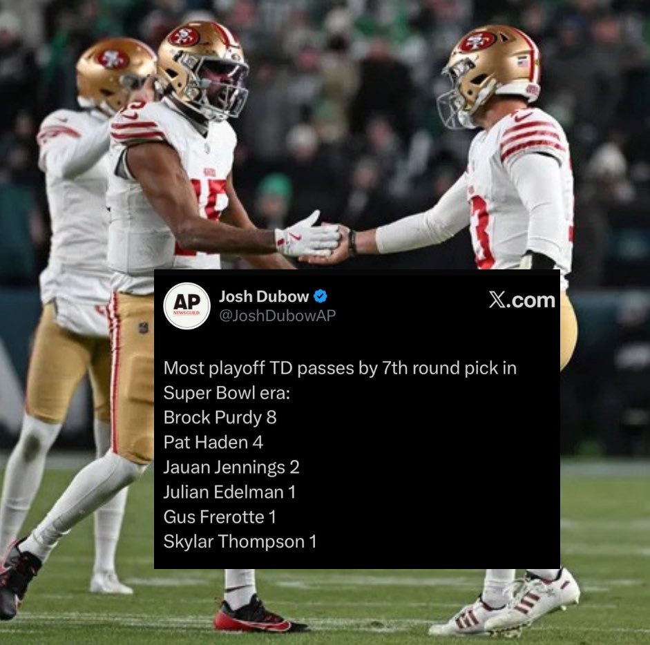 49ersSportsTalk's tweet image. 😂🔥 The Greatest Playoff 7th-Round QBs of All Time:

• Brock Purdy
• Jauan Jennings

No debate. Just facts. #FTTB #49ers
