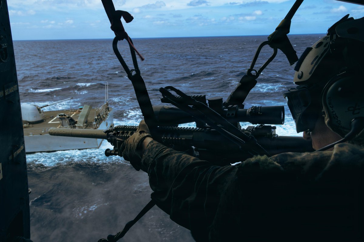 USMC's tweet photo. #Marines with @31stMeu execute aerial sniper exercises while performing routine operations in the U.S. 7th Fleet area of operations. 

The 31st MEU, the Marine Corps’ only continuously forward-deployed MEU, provides a flexible and lethal force ready to perform a wide range of military operations as the premier crisis response force in the Indo-Pacific region.

#31stMEU #AlwaysReady #TrainHowWeFight