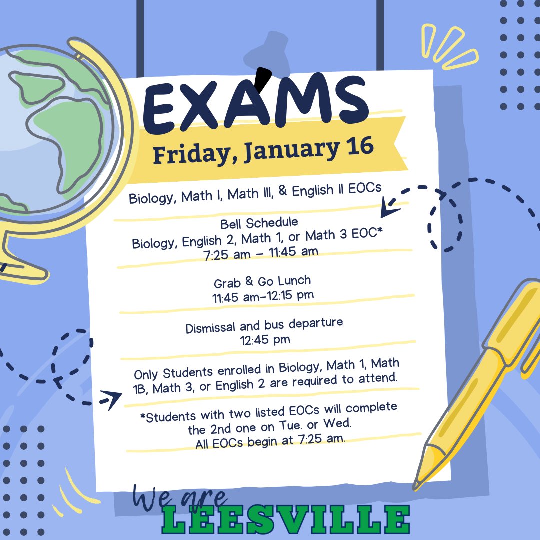 .<a href="/leesvilleroadhs/">Leesville Road High</a> Countdown to Exams! First day of exams, Friday, January 16, 2026.