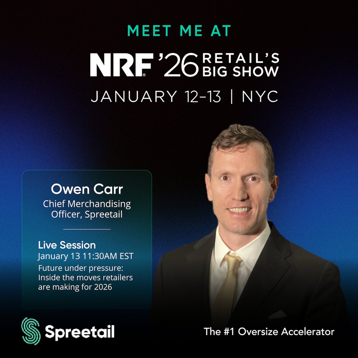 spreetail's tweet photo. Our Chief Merchandising Officer, Owen Carr, is joining a live session on the forces redefining the retail supply chain. If you’re attending NRF, join the conversation live on January 13 at 11:30 AM EST at the Exhibitor Big Ideas Stage 3.

Hope to see you there! https://t.co/7ijVUAZgjc