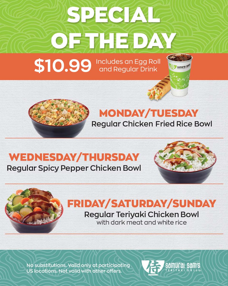 SamuraiSams's tweet photo. Psst… big news! Samurai Sam’s daily specials just dropped! Save this post so you’re ready to order later! 🔥😉 https://t.co/yIBPrEtUwF