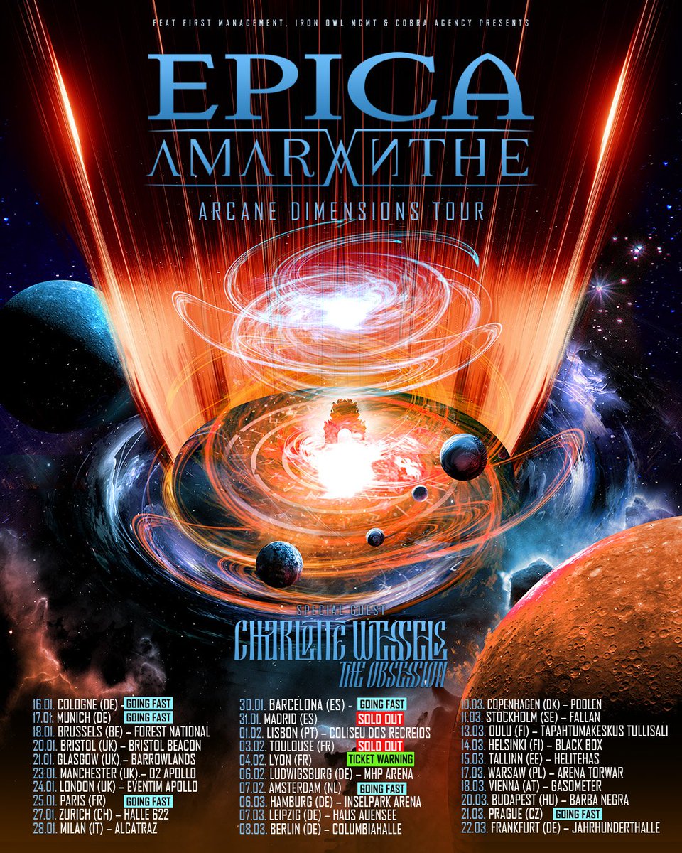 Epica's tweet image. This week it finally begins 🔥
The Arcane Dimensions Tour with Amaranthe and Charlotte Wessels’ The Obsession kicks off in Cologne, and we can’t wait to see you all across Europe.

🎟️ Barcelona and Prague are moving fast, and Lyon is nearly gone. Don’t wait!

Let’s do this! 🤘