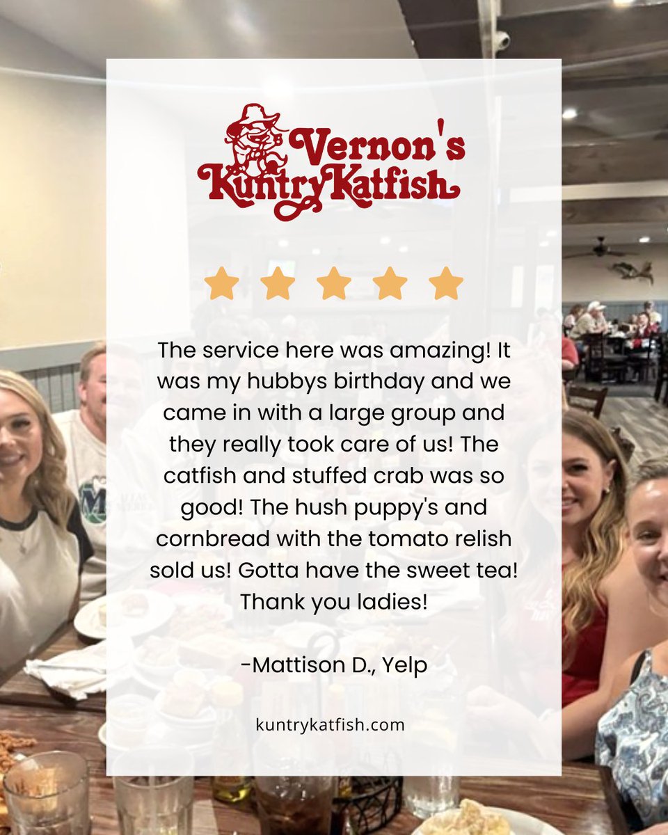 KuntryKatfish's tweet image. ⭐️⭐️⭐️⭐️⭐️

From birthdays to big groups, we love taking care of our guests! Amazing service, catfish, hush puppies, cornbread, and sweet tea that hits every time.

Visit kuntrykatfish.com

#VernonsKuntryKatfish #FiveStarService #LocalFavorite #EatLocal #ConroeEats