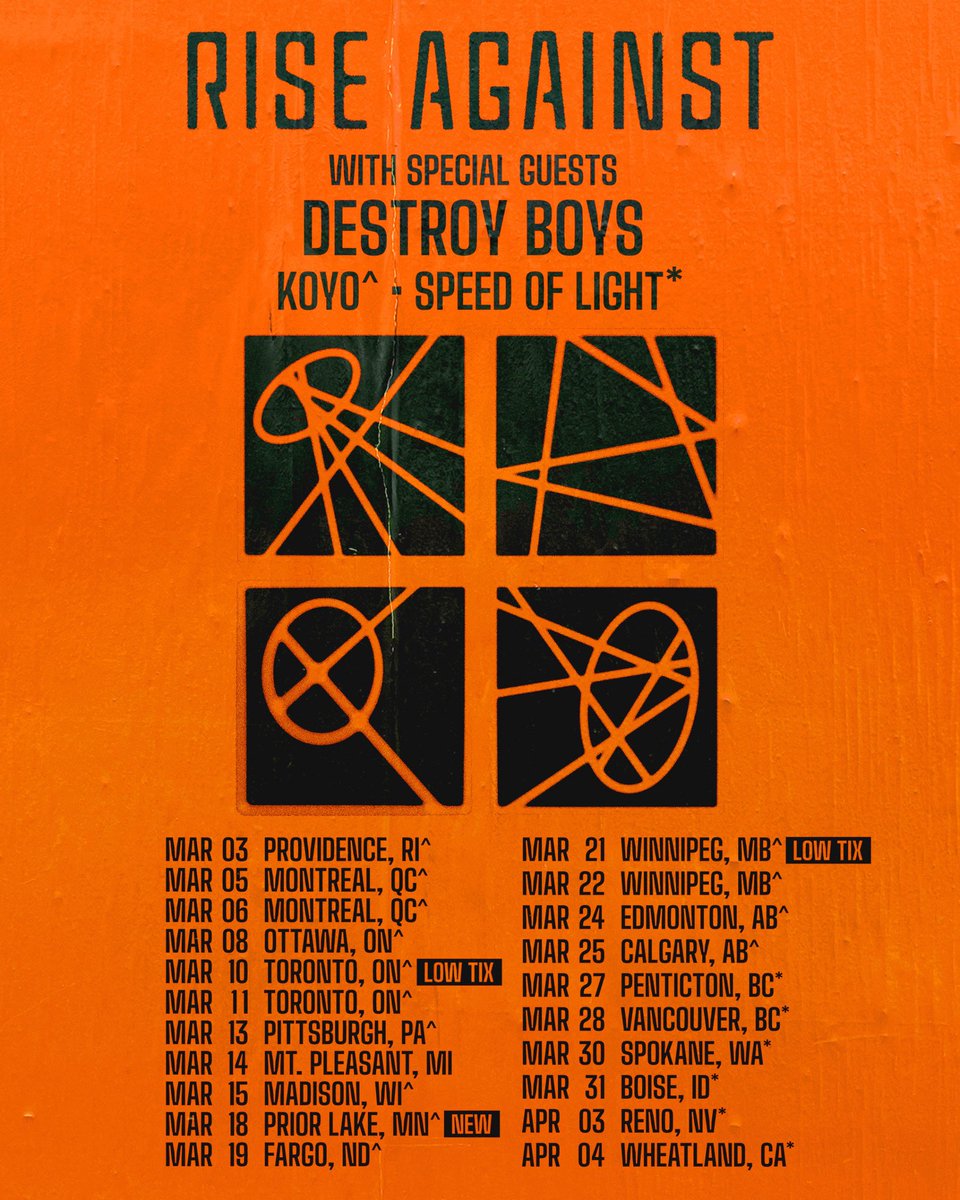 We’re honored to be supporting Rise Against alongside Destroy Boys this March. Tickets on sale now, we hope to see you there.