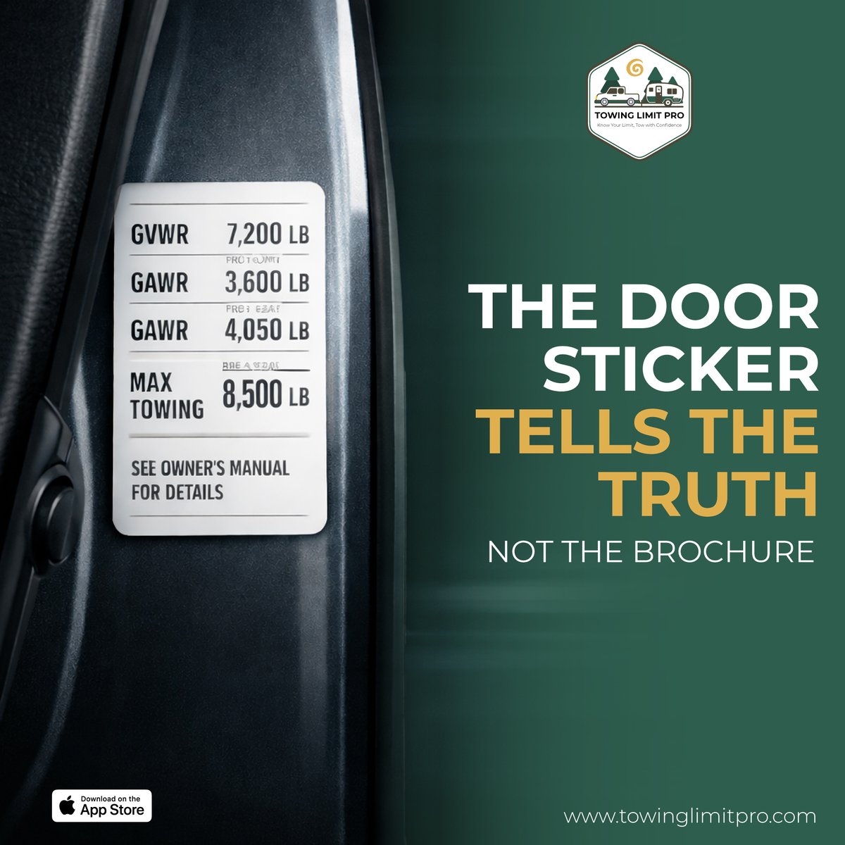 TowingLimitPro's tweet image. Your truck’s brochure shows the best-case number.

Your door sticker shows the real limit.

Payload, axle ratings, and tongue weight matter more than marketing numbers.

Tow smart. Tow safe. 🚚⚖️

#TowingTips #TruckLife #RVLife #Payload #TowSmart #TowingSafety #TowingLimitPro