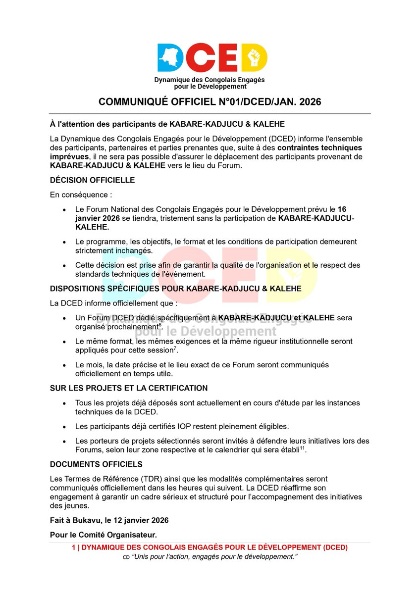 DcedRdc's tweet photo. COMMUNIQUÉ OFFICIEL 01/2026

La DCED informe les participants de KABARE-KADJUCU &amp; KALEHE qu’en raison de contraintes techniques, leur participation au Forum National du 16 janvier est reportée.

Nous restons engagés pour un accompagnement sérieux de la jeunesse. 🇨🇩

#DCED #RDC https://t.co/k1dYZdJXyw