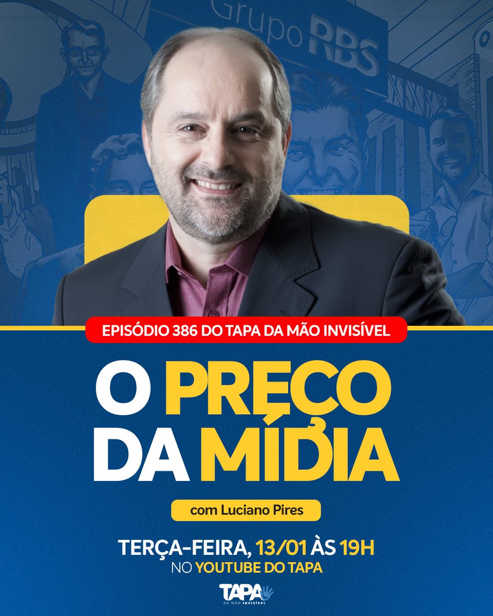 tdmaoinvisivel's tweet photo. Será que a mídia brasileira tem preço? 

Luciano Pires @lucianopires , criador e apresentador dos Podcasts Café Brasil, o LíderCast e o Cafezinho estará no Tapa. 

Vamos conversar sobre a história dos podcasts no Brasil, a força da nova mídia, e os incentivos da busca por fama na internet. 

Esperamos vocês na terça-feira, às 19 horas, ao vivo no YouTube e X do Tapa. 

Marca na agenda. 

Oferecimento:
Bipa: https://t.co/aKdU3ZZz9w
Alpha Cidadania: https://t.co/J6Dbi2bsCQ
Concierge Bitcoin: https://t.co/YrpSRD9Tk3