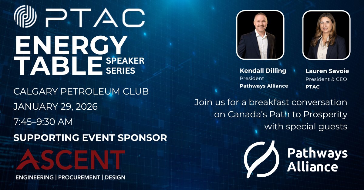 cdnoilsands's tweet photo. Join Pathways President Kendall Dilling at @PTAC_Canada's energy speaker series on January 29. He'll discuss Canada’s economy and the importance of innovation and collaboration in the energy sector. 

Learn more: https://t.co/UcMkDR2i06 https://t.co/ts04UUdvvT