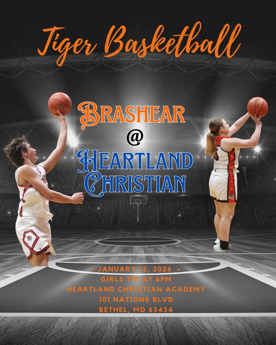 BrashearTigerAD's tweet photo. 🏀 ROAD GAMEDAY! 🐯
The Tigers are on the road tonight for a matchup at Heartland Christian Academy!
🗓️ Monday, January 12, 2026
🕕 Tip-off: 6:00 PM
📍 Heartland Christian Academy
101 Nations Blvd
Bethel, MO 63434
#TigerPride https://t.co/Z6r0VZQAVy